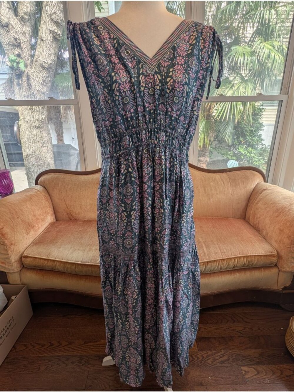 Joie Bohemian Maxi Dress Size M Blue Pink Tiered Cottagecore Smocked Waistline